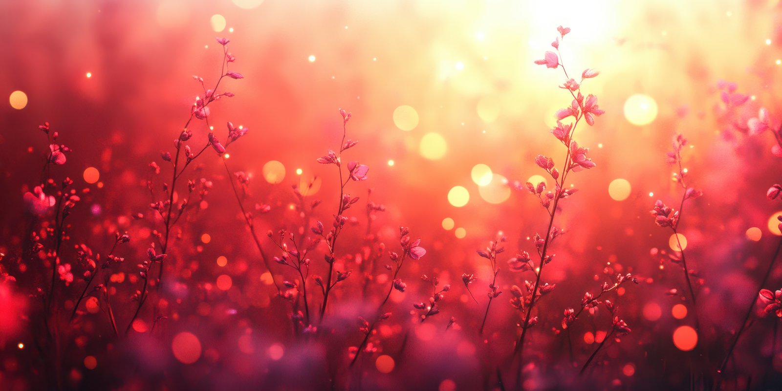 Bright flowers bloom against a warm background of shimmering golden light in a dreamy landscape